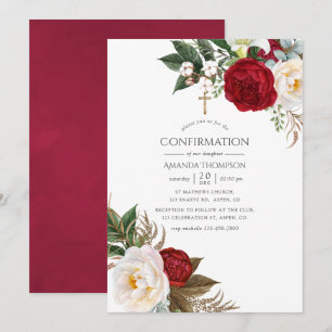 Boho Burgundy - Marsala Blommig Konfirmation Inbjudningar
