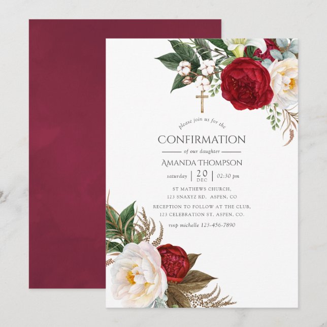 Boho Burgundy - Marsala Blommig Konfirmation Inbjudningar (Fram/baksida)