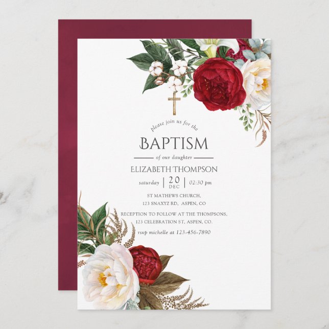 Boho Burgundy - Marsala Blommigt Baptism Inbjudningar (Fram/baksida)