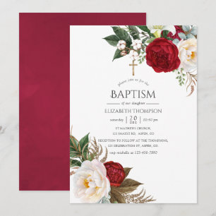 Boho Burgundy - Marsala Blommigt Baptism Inbjudningar