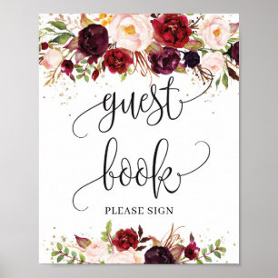 Boho burgundy marsala blommigt guld gästskylt bok poster