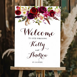 Boho Burgundy Marsala Blommigt Välkommen Bröllop-s Poster