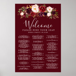 Boho Burgundy Marsala Bröllopsplatskarta Skylt