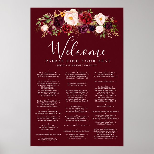 Boho Burgundy Marsala Bröllopsplatskort Poster (Framsidan)