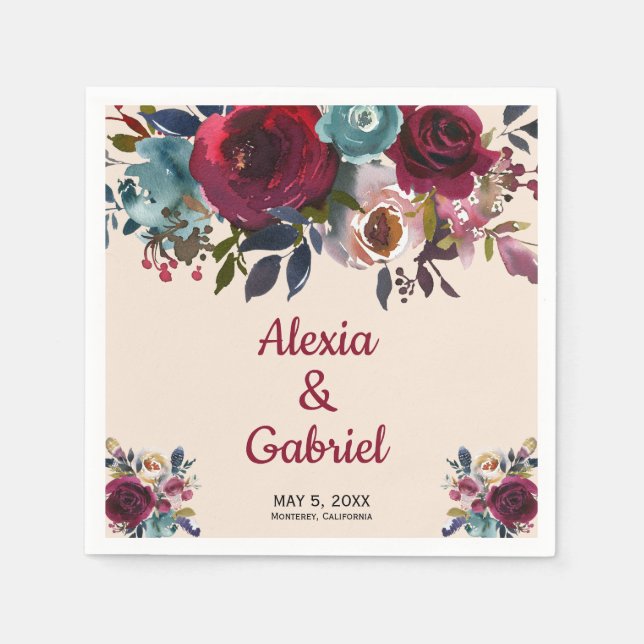 Boho Burgundy Marsala Red Navy Blommigt Bröllop Pappersservett (Framsidan)