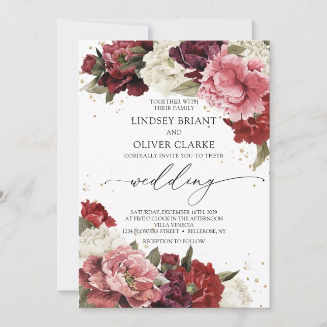 Boho  burgundy mauve ro peonies-blommor inbjudningar (Framsida)