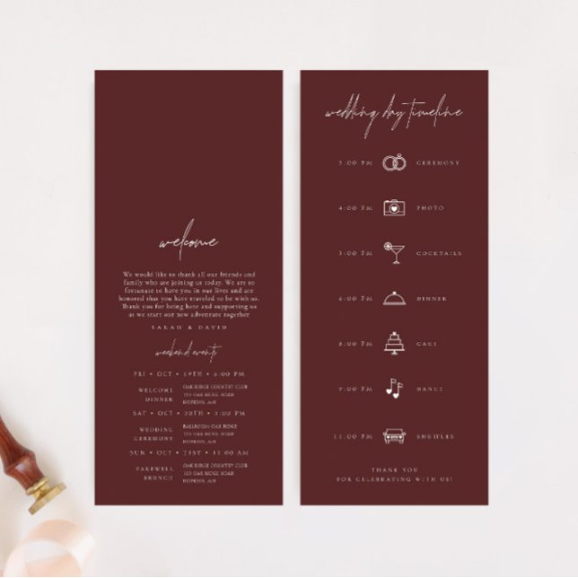 Boho Burgundy Modern Bröllopsdag Timeline (Boho Burgundy Modern Wedding Day Timeline)