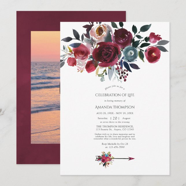 Boho Burgundy & Navy Blommig Livs firande Inbjudningar (Fram/baksida)