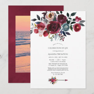 Boho Burgundy & Navy Blommig Livs firande Inbjudningar