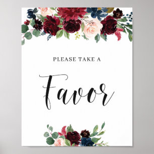 Boho  Burgundy Navy-Blommigt Favorittecken Poster