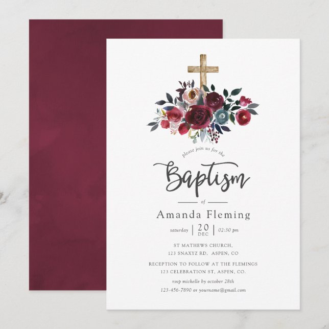 Boho Burgundy och Navy Blommigt Baptism Inbjudningar (Fram/baksida)