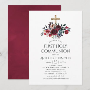 Boho Burgundy och Navy Blommigt First Heliga Commu Inbjudningar