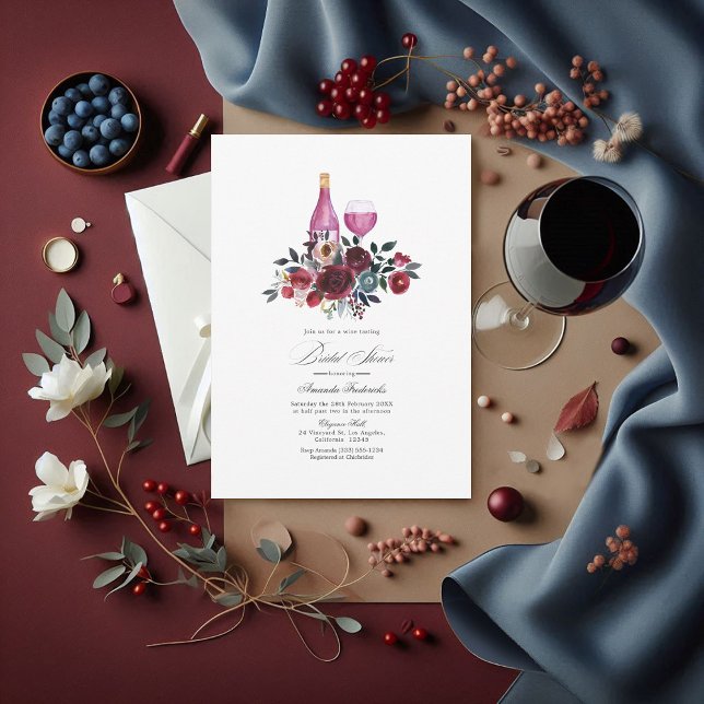 Boho Burgundy och Navy Möhippa Vin Tests Inbjudningar (Burgundy, Navy and Dusty Blue Bridal Shower Wine Tasting Invitation)