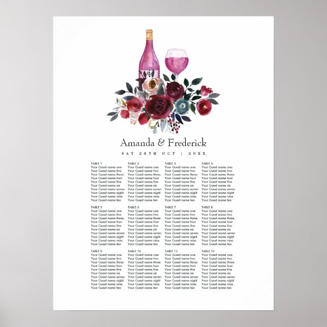 Boho Burgundy och Navy Vinprovning Platsplanering Poster (Framsidan)