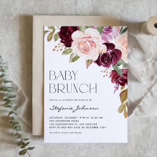 Boho Burgundy och Peach Flowers Fall Baby Brunch Inbjudningar
