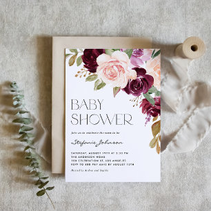 Boho Burgundy och Peach Flowers Fall Baby Shower Inbjudningar