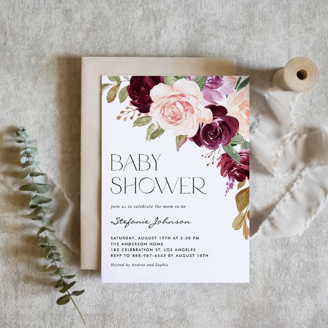 Boho Burgundy och Peach Flowers Fall Baby Shower Inbjudningar (Skapare uppladdad)