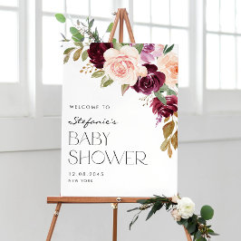 Boho Burgundy och Peach Flowers Fall Baby Shower Poster