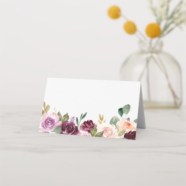 Boho Burgundy och Peach Flowers Fall Wedding Placeringskort (Framsida)