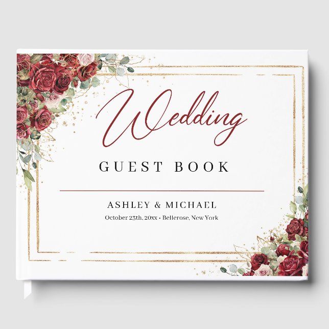 Boho burgundy och  ro guld bröllop gästböcker (Framsida)