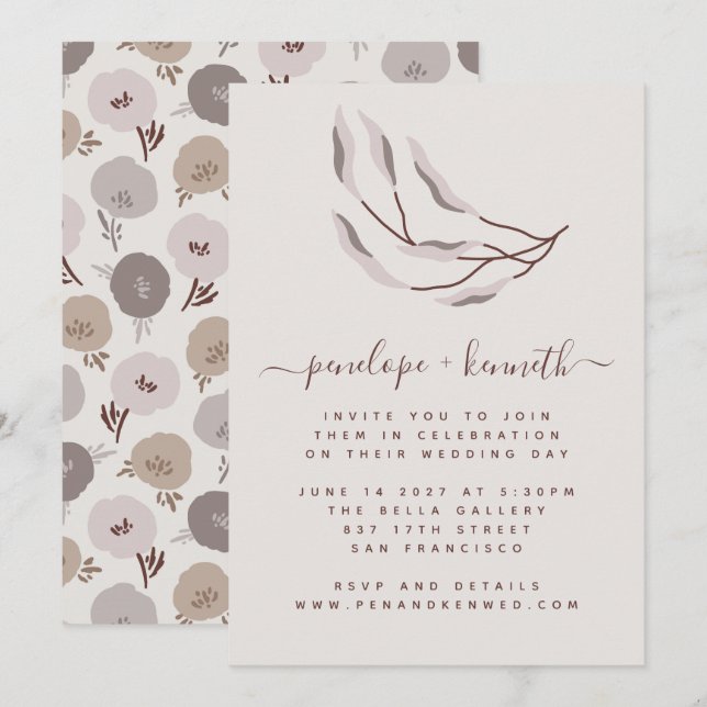 Boho Burgundy och Taupe Botanical Bröllop Inbjudningar (Fram/baksida)