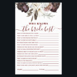 Boho Burgundy Ro fall Möhippa Game Flygblad<br><div class="desc">Vem känner till Bride best Möhippa-matchen? Fall boho burgundy ro design.</div>