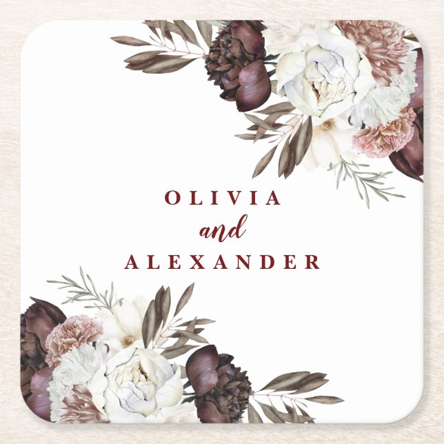 Boho Burgundy Ro faller blommigt bröllop Napkins Underlägg Papper Kvadrat (Framsidan)