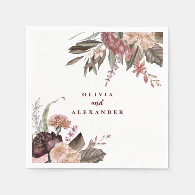 Boho Burgundy Ro faller blommigt bröllop Pappersservett (Framsidan)