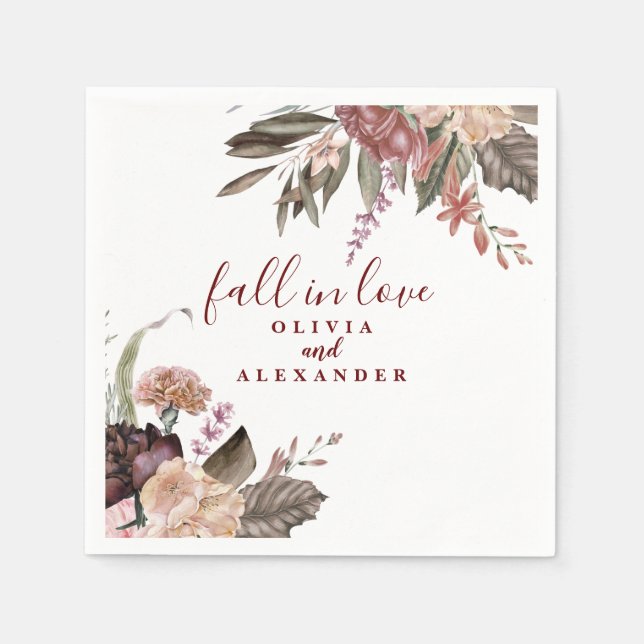 Boho Burgundy Ro faller i kärlek blommigt bröllop Pappersservett (Framsidan)