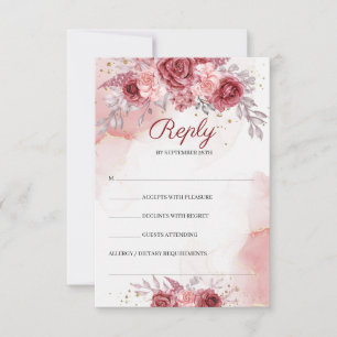 Boho Burgundy Ro Flowers Guld Bröllop OSA Kort