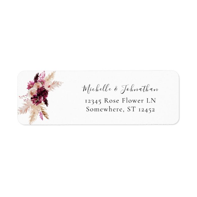 Boho Burgundy & Rosa Blommig Pampas Returadress Etikett (Framsidan)