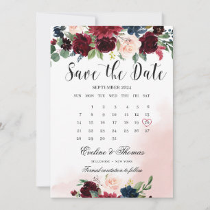 Boho  burgundy rosa blommigt bröllop spara datumet