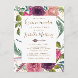 Boho Burgundy  Rosa Blommigt Quinceañera Vykort