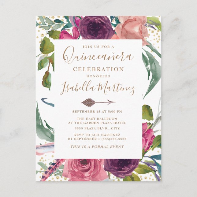 Boho Burgundy  Rosa Blommigt Quinceañera Vykort (Framsida)