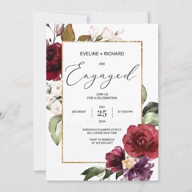 Boho burgundy  rosa blommigt Red Merlot förlovad Inbjudningar (Framsida)