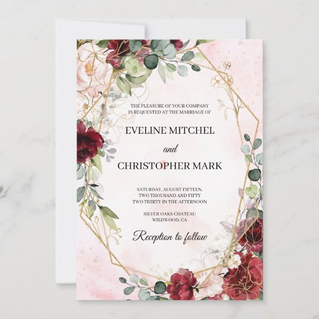 Boho  burgundy rosa guld geometrisk bröllop inbjudningar (Framsida)