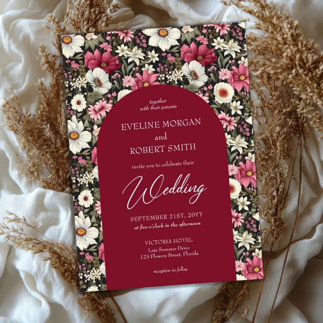 Boho burgundy rosa och vit vild blommor inbjudningar (retro flat burgundy pink and white wild flowers cotagecore wedding invitation)