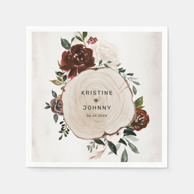 Boho Burgundy Rosa ros Blommigt Wood Slice Bröllop Pappersservett (Framsidan)