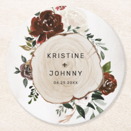 Boho Burgundy Rosa ros Blommigt Wood Slice Bröllop Underlägg Papper Rund