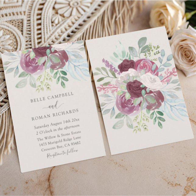Boho Burgundy Rose Watercolor Wedding  Inbjudningar (Skapare uppladdad)