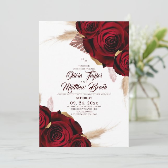  Boho Burgundy Roses Pampas Grass Wedding Inbjudningar (Stående Fram)