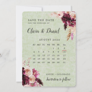 Boho Burgundy Sage Grönt Calendar Spara datum Inbjudningar