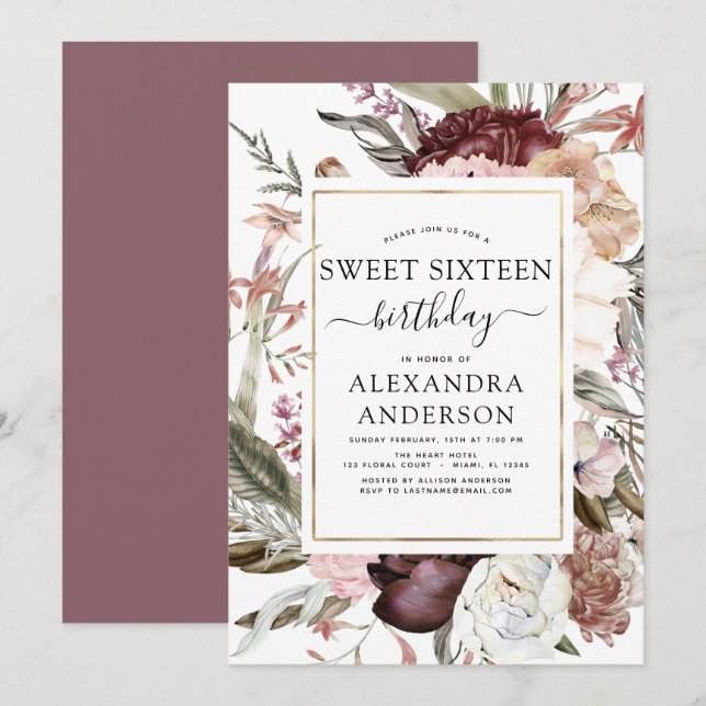 Boho Burgundy Sweet 16 Birthday Blommigt Inbjudningar (Fram/baksida)