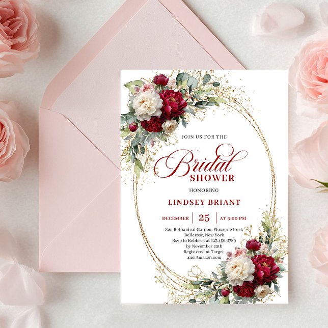 Boho Burgundy Vit Blommig Guld Bröllopsfest  Inbjudningar (Boho Burgundy White Floral Gold Bridal Shower)