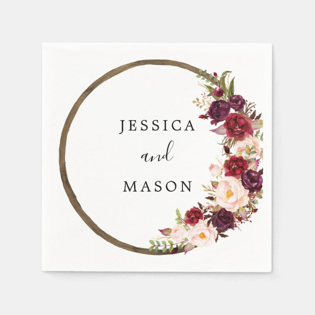 Boho Burgundy Wandan Bröllop Cocktail Napkin Pappersservett (Framsidan)