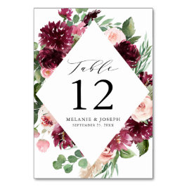 Boho Burgundy & Watercolor Blommigt Bröllop Bordsnummer