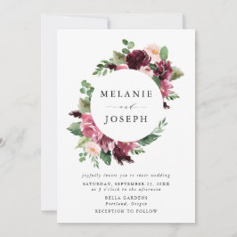 Boho Burgundy & Watercolor Blommigt Bröllop Inbjudningar