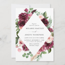 Boho Burgundy & Watercolor Blommigt Bröllop Inbjudningar