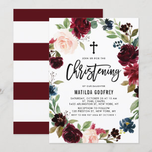 Boho Burgundy Watercolor Blommigt Wandeand Christe Inbjudningar