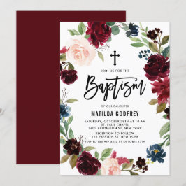 Boho Burgundy Watercolor Blommigt Wandedeans Bapti Inbjudningar